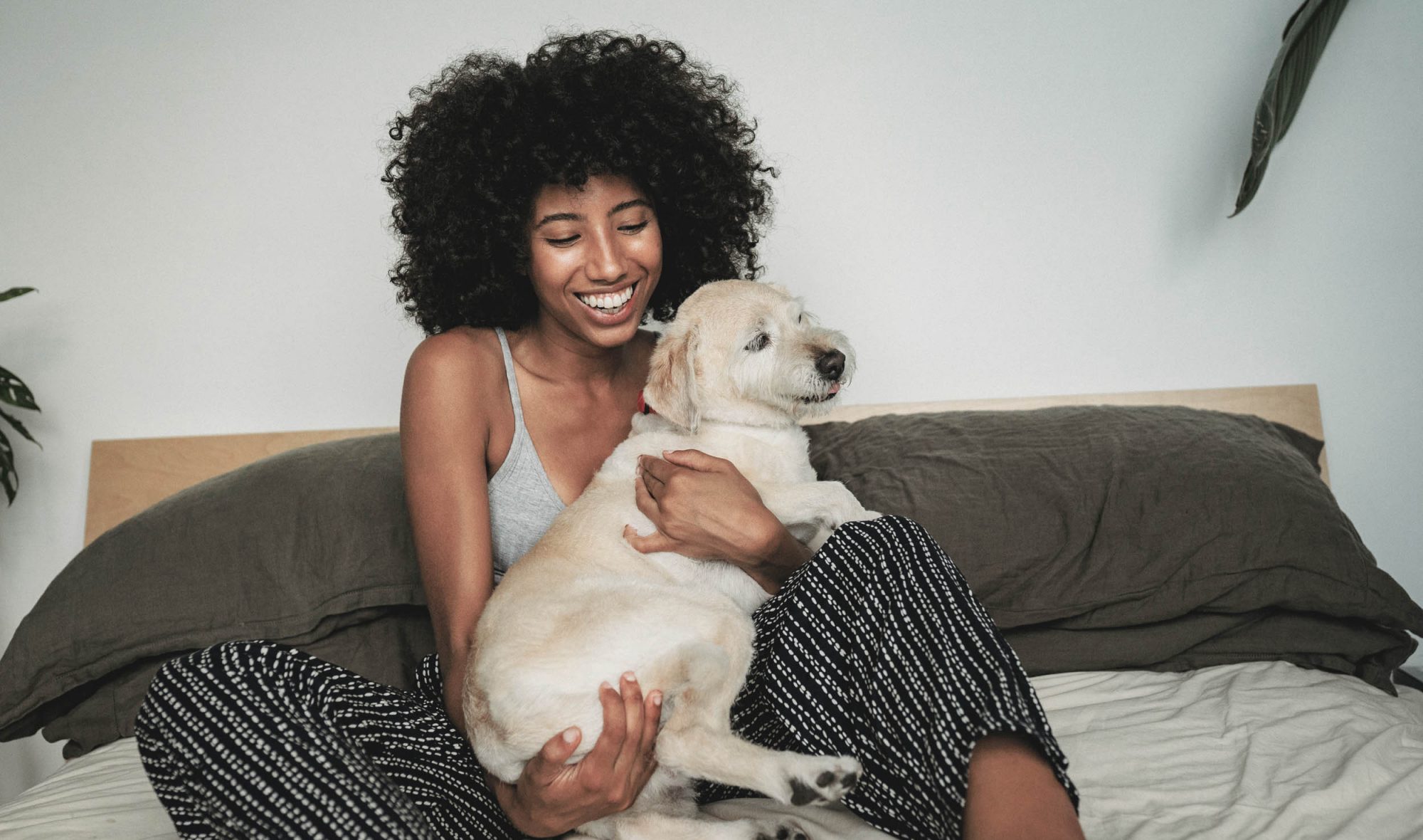 Woman laying in bed holding dog and smiling in an apartment in Greenville, SC